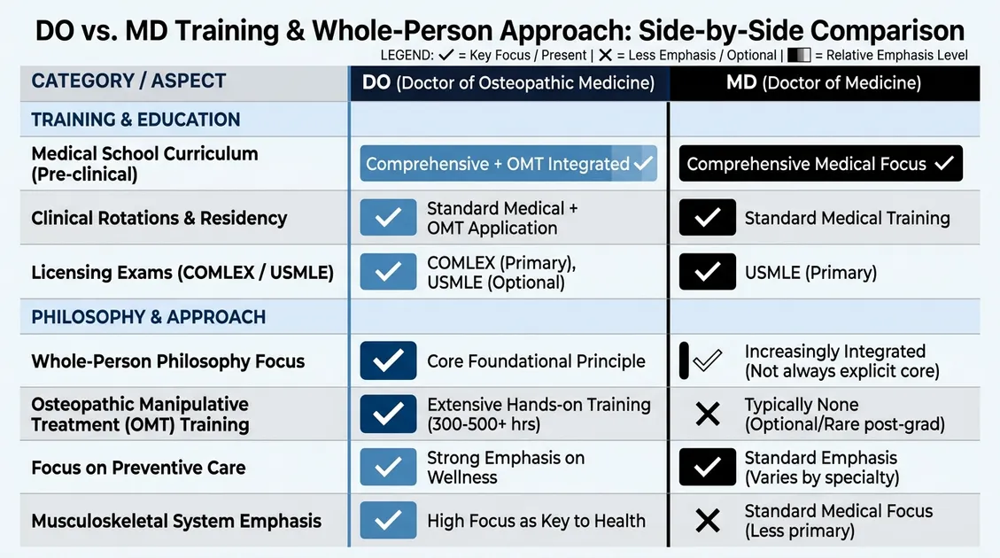 Comparison chart of DO versus MD training and whole-person care approach