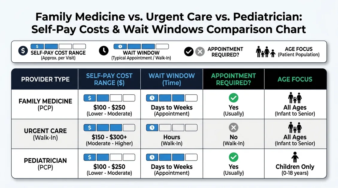 Comparison chart of family medicine, urgent care, and pediatrician costs in Spanish Fork