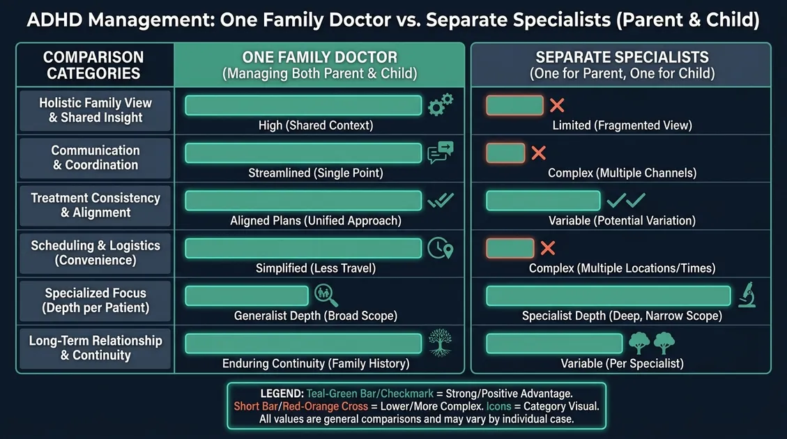 Comparison of one family doctor managing ADHD for parent and child versus separate specialists