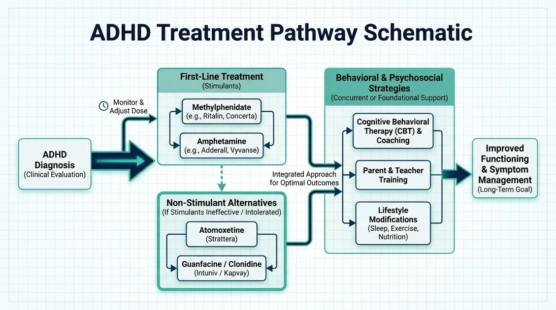 Diagram of ADHD treatment pathway showing stimulant, non-stimulant, and behavioral strategy options