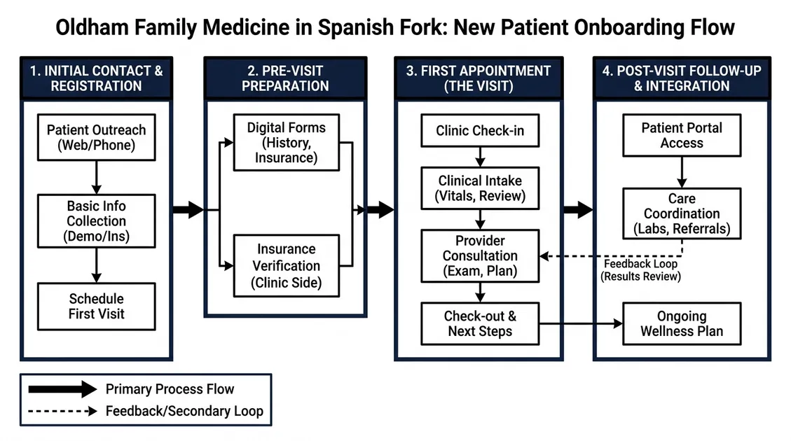 New patient onboarding steps diagram for Dr. Oldham in Spanish Fork, UT