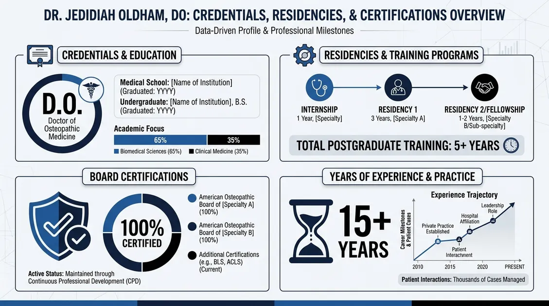 Infographic of Dr. Jedidiah Oldham DO credentials, residencies, and certifications