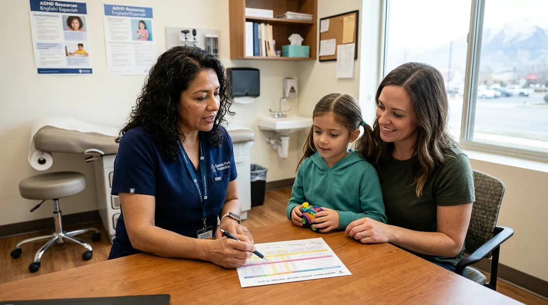 ADHD doctor in Spanish Fork reviewing a Vanderbilt rating scale with a parent and child at Dr. Oldham