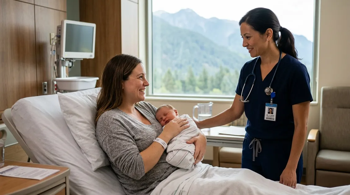 Mother and newborn with family doctor Dr. Jedidiah Oldham after delivery